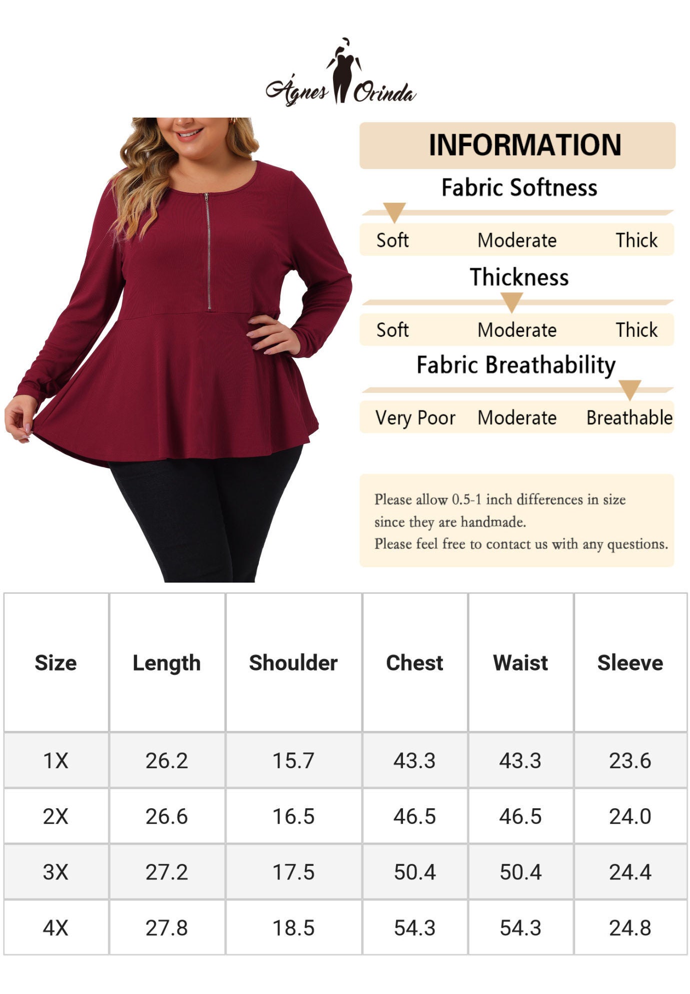 Long Sleeve Half Zip Up Low Cut Ruffle Babydoll Peplum Top, Burgundy / Burgundy, alternate image number 4