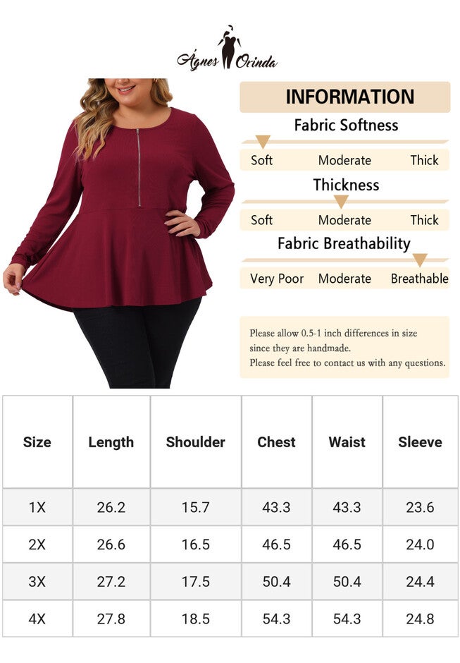 Long Sleeve Half Zip Up Low Cut Ruffle Babydoll Peplum Top, Burgundy / Burgundy, alternate image number 4