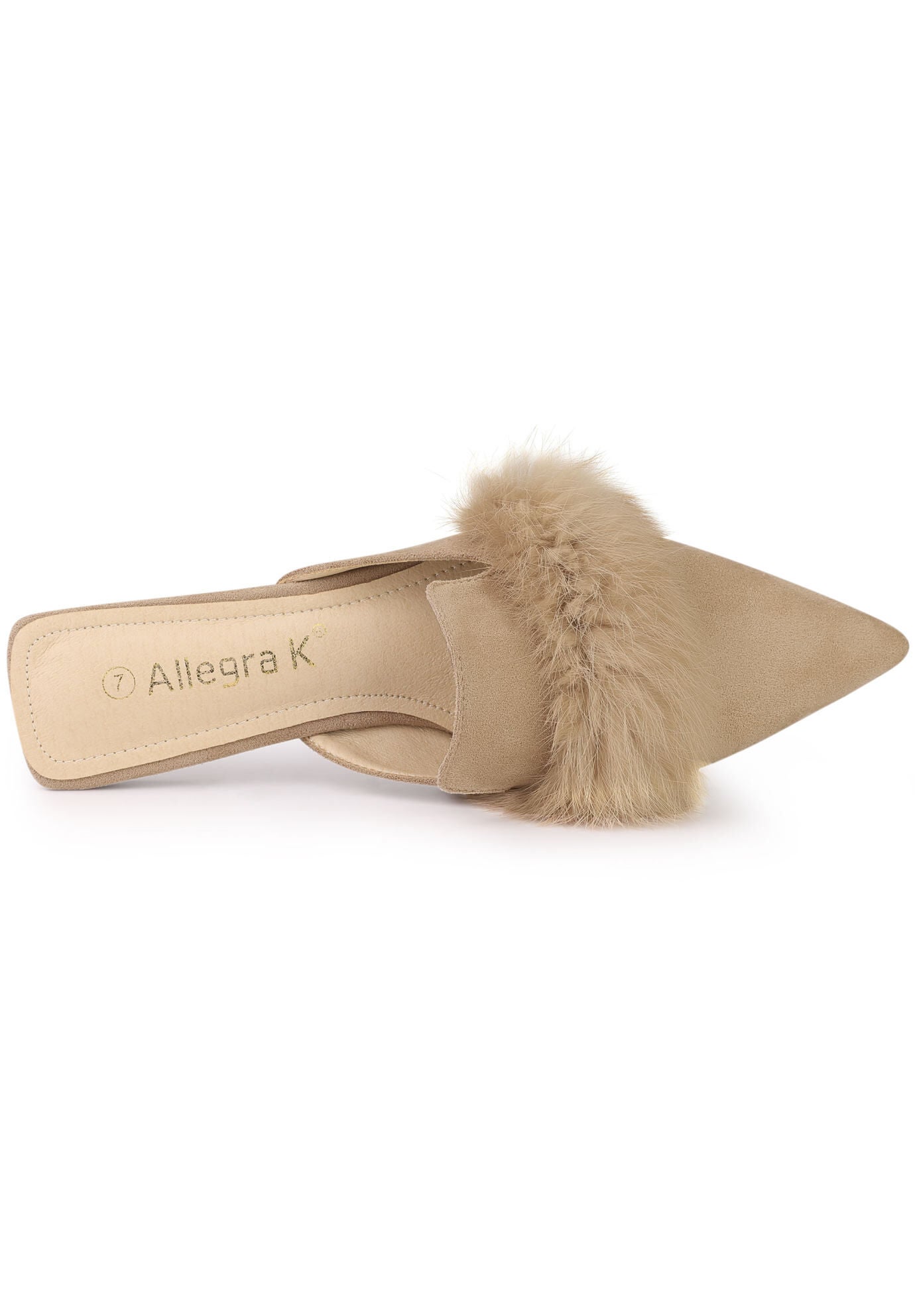 Pointed Toe Faux Fur Slip on Flat Slide Mules, Beige / Beige, alternate image number 3