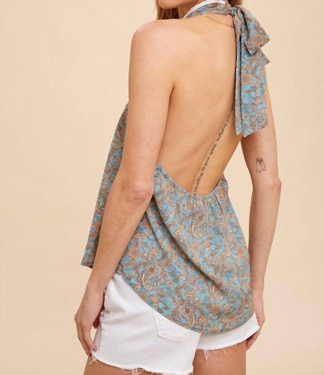 CORALIE PRINTED SATIN HALTER TANK IN VINTAGE SAGE, , alternate image number null