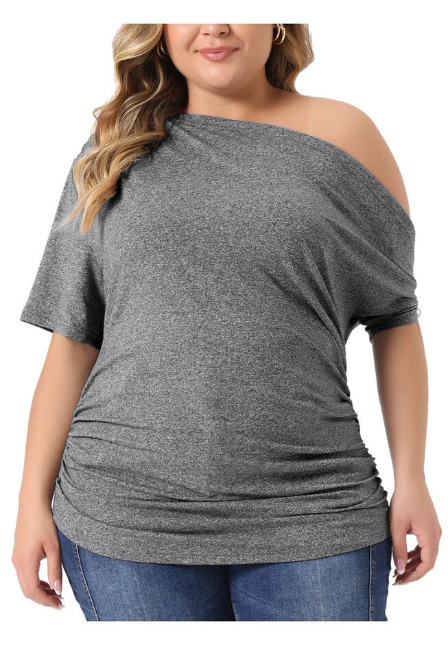 ONE SHOULDER SHORT SLEEVE RUCHED TOP, Gray / Charcoal Grey, alternate image number null