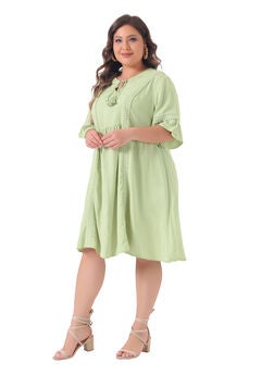 Ruffle Short Sleeve Lace Insert V Neck Tassel Bohemian Dress