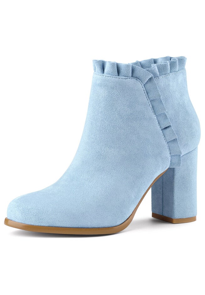 RUFFLE BLOCK HEEL ANKLE BOOTS, Sky Blue / Light Blue, hi-res image number 0