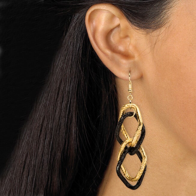Double Curb-Link Bracelet and Drop Earrings Set in Goldtone and Black Ruthenium, Black / Black, alternate image number 3