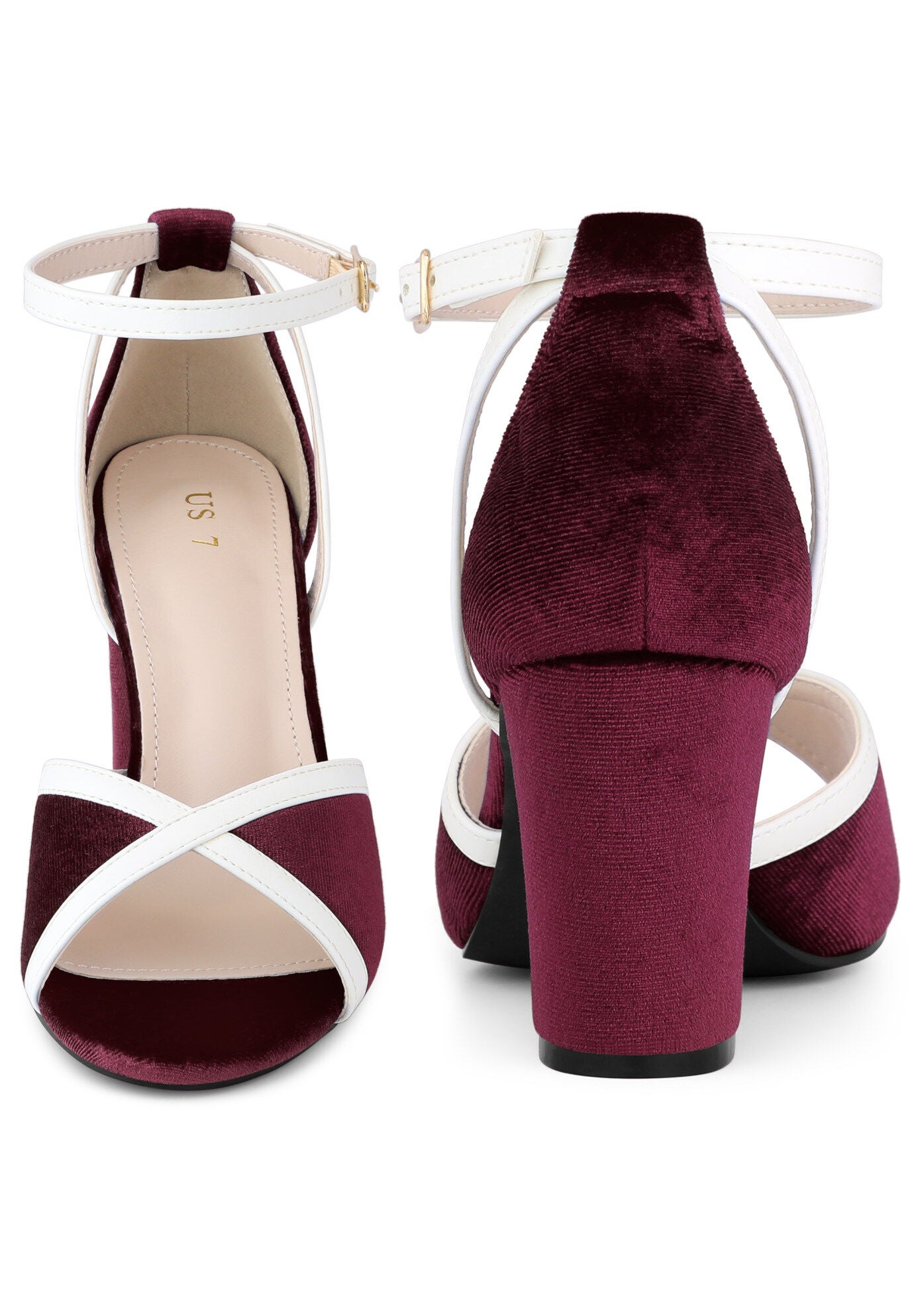 Velvet Open Toe Ankle Strap Chunky Heel Sandals, Burgundy / Burgundy, alternate image number 3
