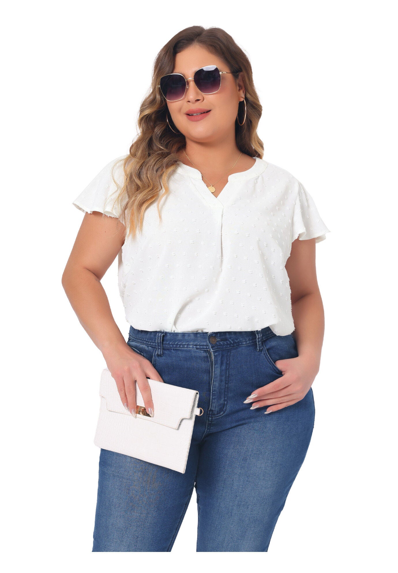 Swiss Dots Notched Neck Ruffle Sleeve Blouse, White / White, hi-res image number 0