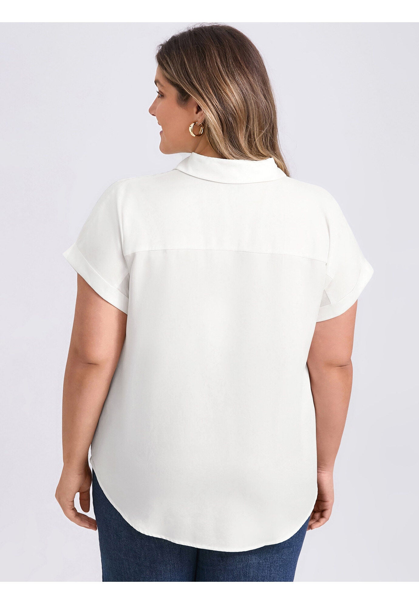 Button Down Lapel Shirt Rolled Cuffed Short Sleeve Collared Top, White / White, alternate image number 2