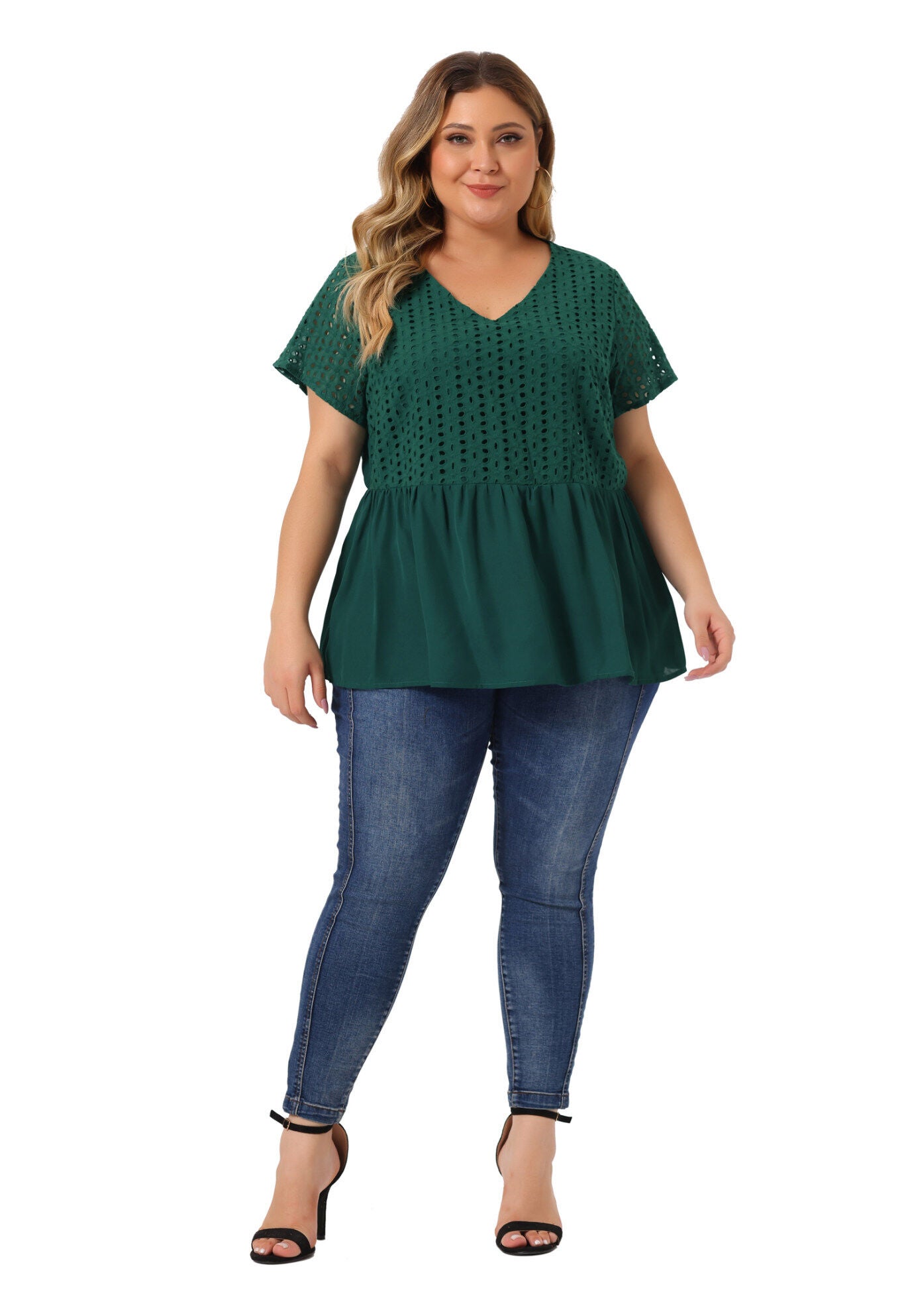 PEPLUM BLOUSE SUMMER SHORT SLEEVES V NECK BABYDOLL TOP, Dark Green / Forest Green, hi-res image number 0