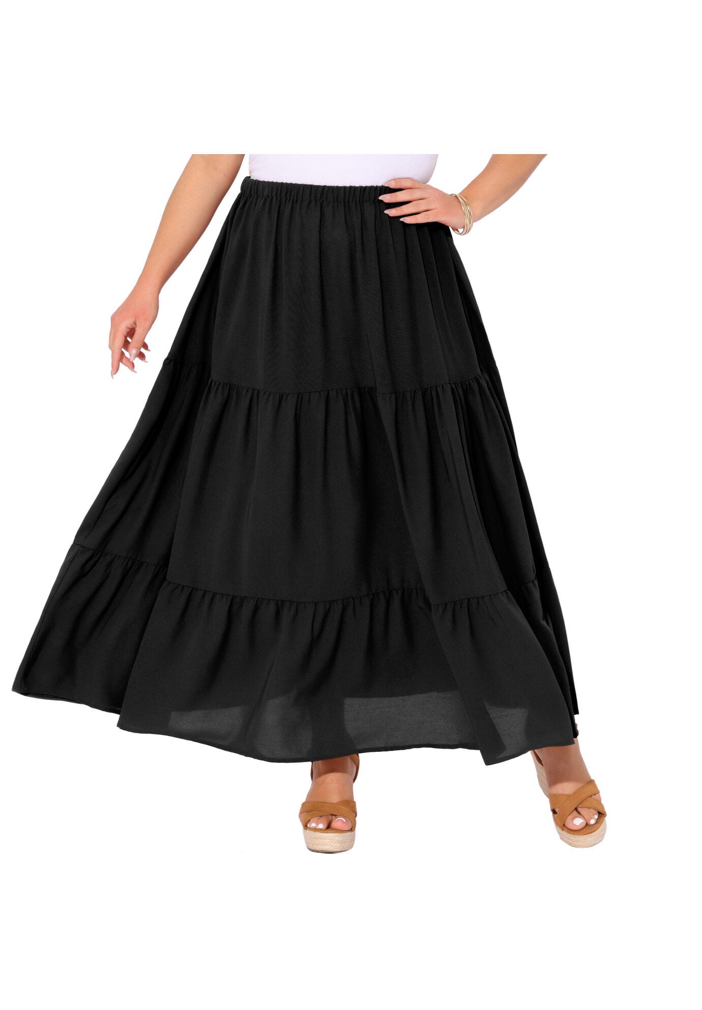 Elastic High Waist Boho Flowy A Line Long Swing Maxi Skirt, Black / Black, alternate image number 2