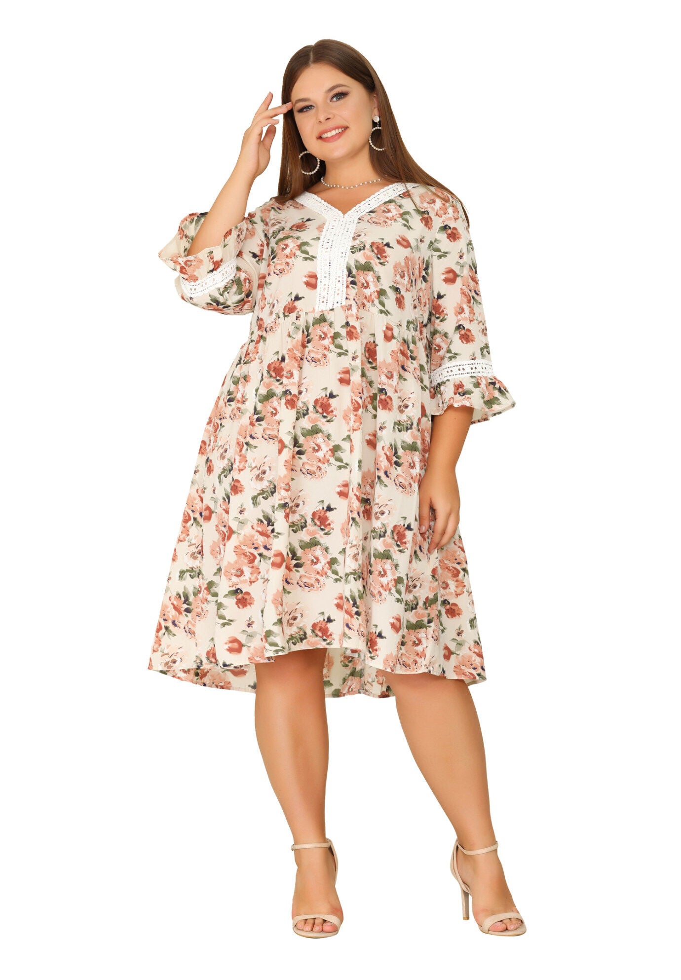 Vintage Lace Floral Ruffle V Neck 3/4 Sleeve Midi Babydoll Dress, Pink / Pink, hi-res image number 0