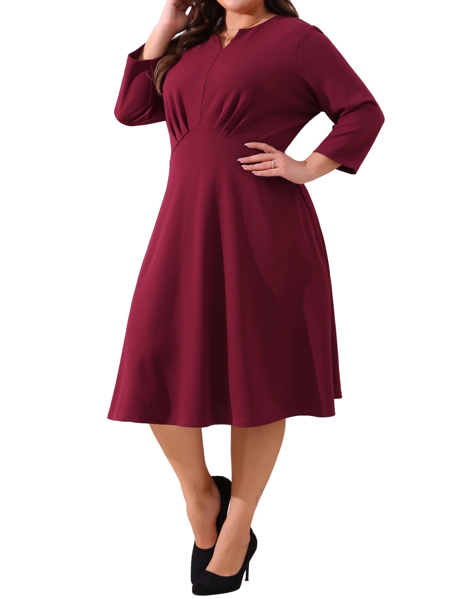 Notched V Neck 3/4 Sleeve A-Line Midi Dress, Burgundy / Burgundy, alternate image number 1