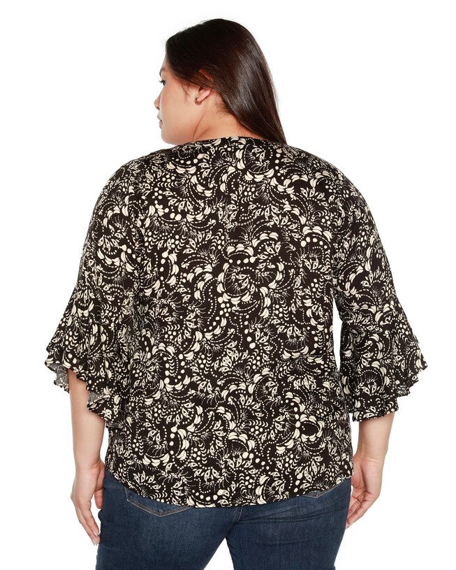Plus Size Printed Ruffle Sleeve Top, Black / Black, alternate image number null