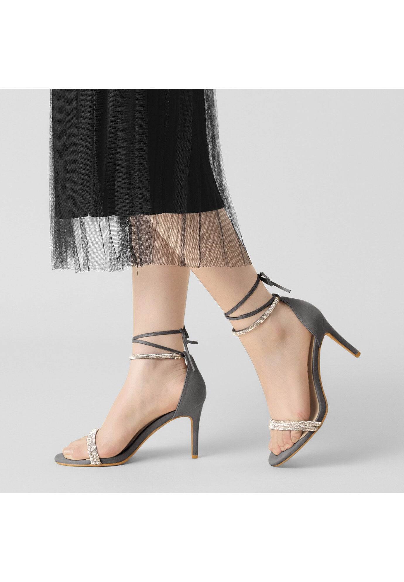 Rhinestone Ankle Tie Stiletto Heels Sandals, Gray / Warm Grey, alternate image number 4