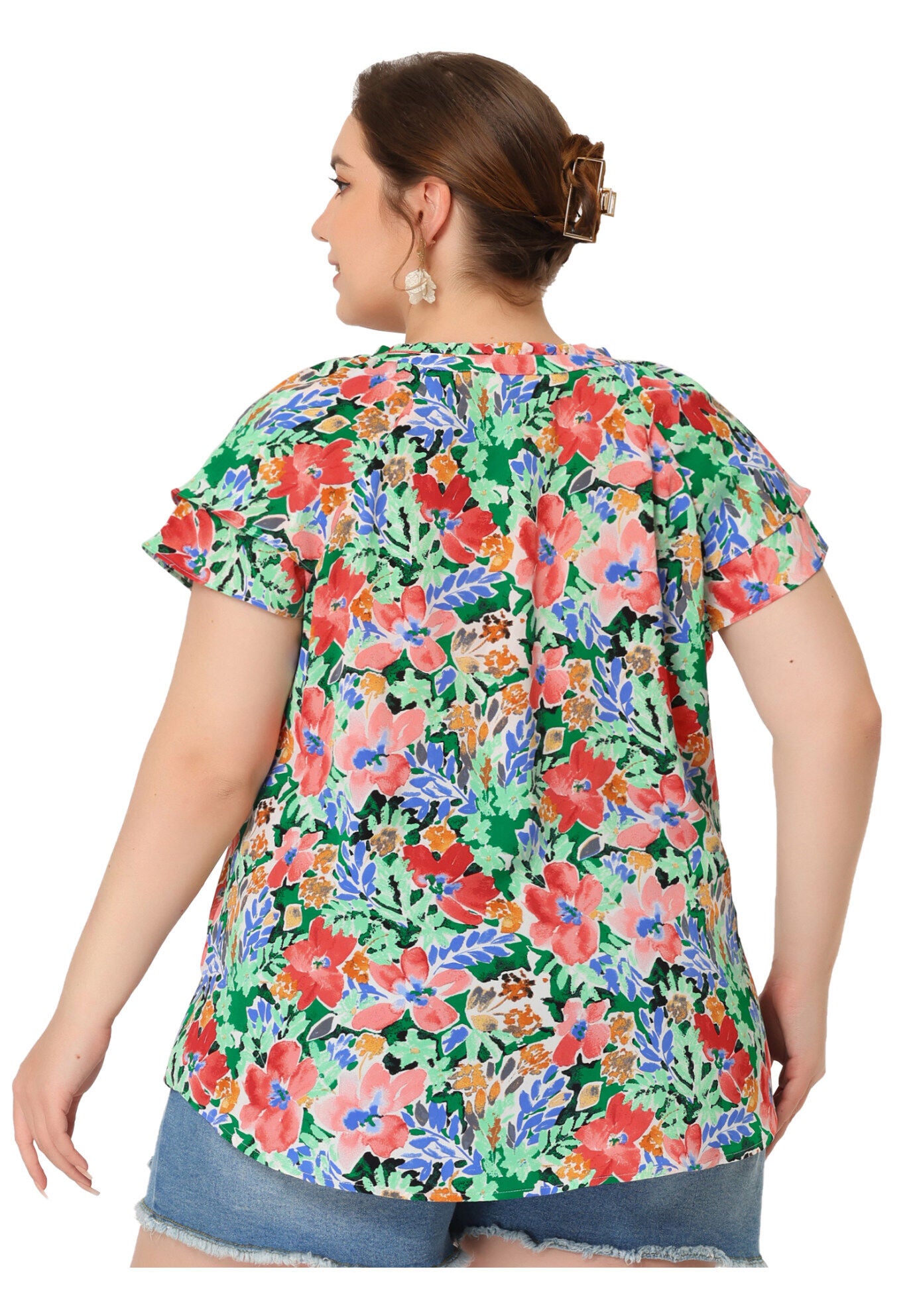 Floral Ruffle Trim V Neck Layered Sleeve Blouse, Green / Light Green, alternate image number 2