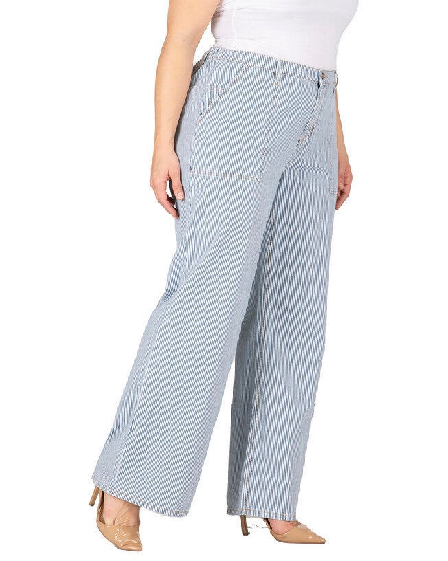 Mona Plus Size High Rise Wide Leg Stripped Light Denim Pants, Mid Blue / Light Blue, alternate image number 2