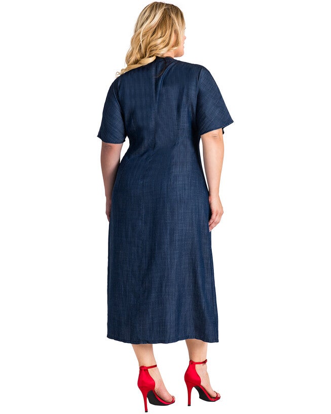 Plus Size Meme Lace-Up Tencel Denim Midi Dress, , alternate image number 4