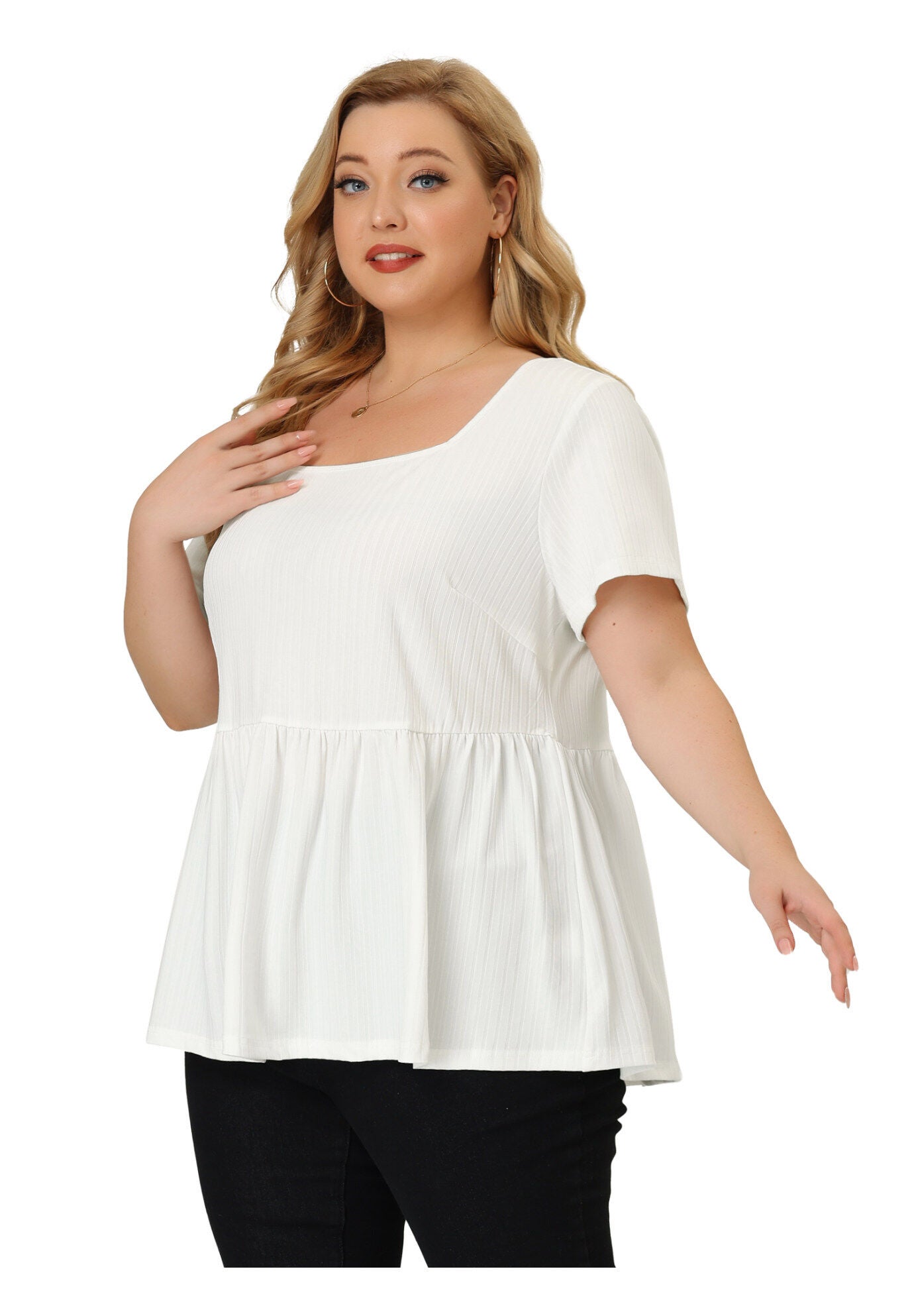 Babydoll Top Summer Peplum Short Sleeve Summer Oversized Tunic Blouse, White / White, alternate image number 2
