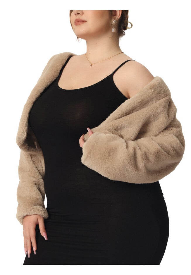 OPEN FRONT CROPPED FAUX FUR FLUFFY JACKET, Dark Apricot / Brown, alternate image number null