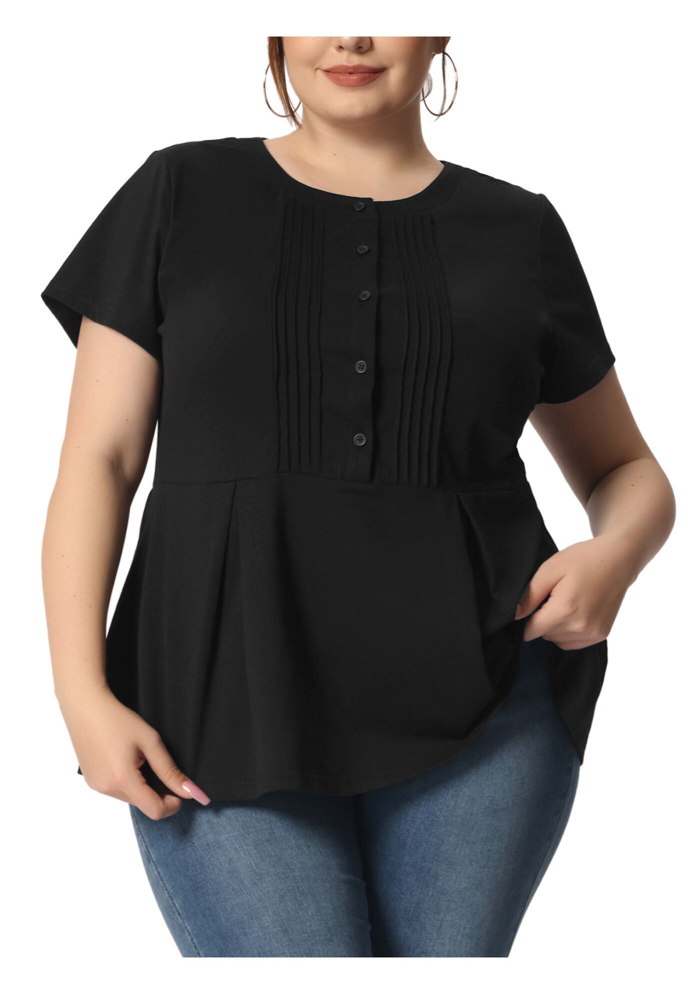 Round Neck Short Sleeve Shirt Blouse Peplum Top, Black / Black, alternate image number 2