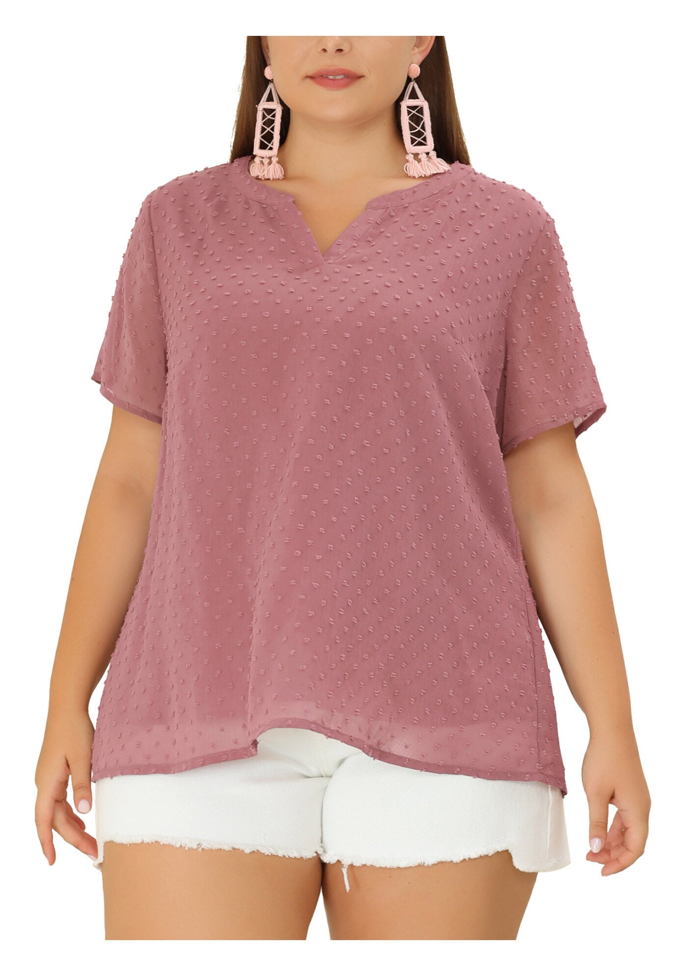 Swiss Dots Notched Neck Short Sleeve Basic Blouse, Gray Purple / Pink, alternate image number 2