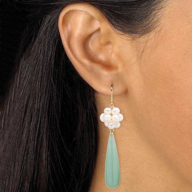 Jade and Cultured Freshwater Pearl Accent 10k Yellow Gold Drop Earrings, , alternate image number null