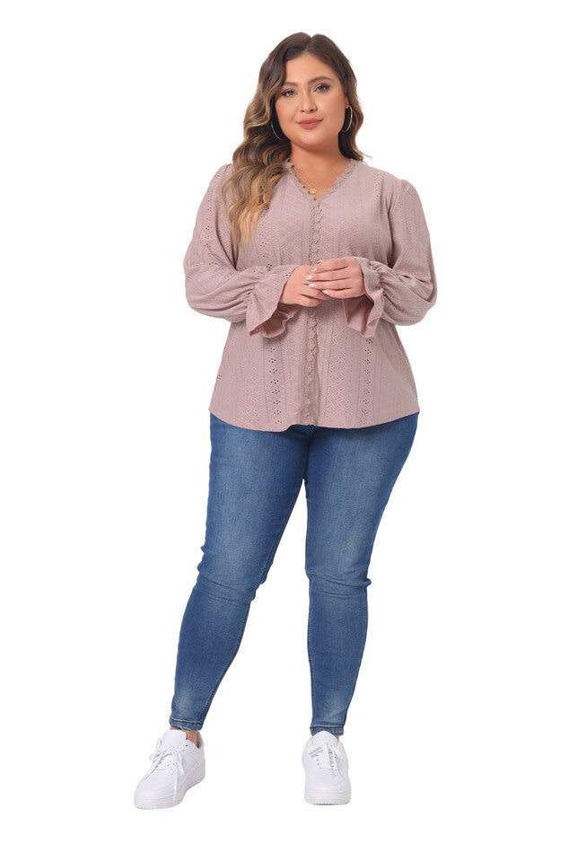 V Neck Ruffle Eyelet Lace Crochet Hollow Blouse, Pink / Pink, hi-res image number 0