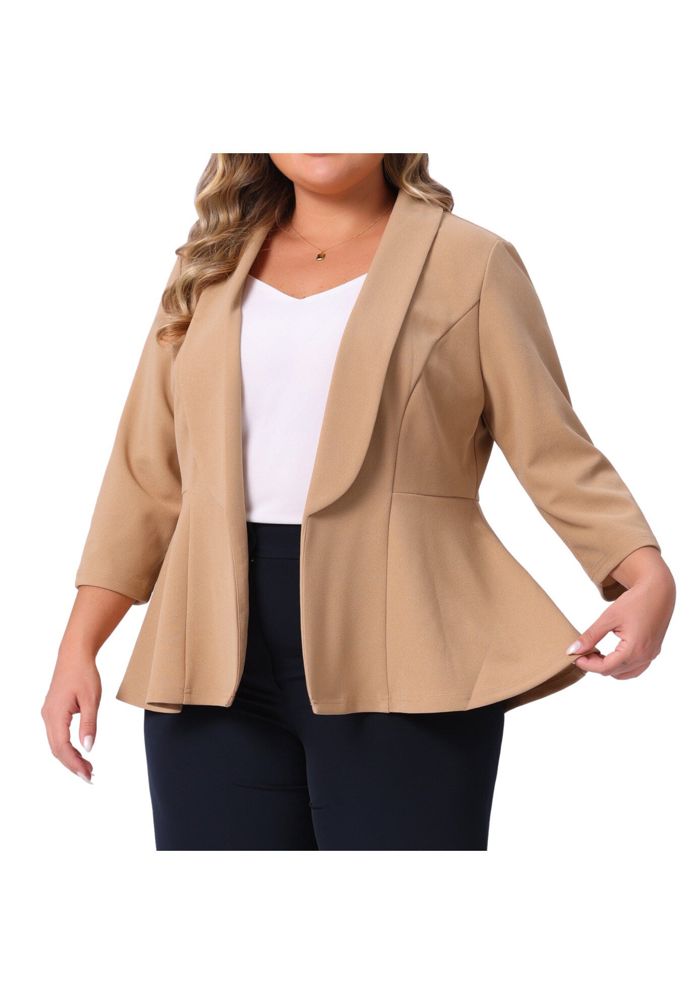 3/4 Sleeve Peplum Lapel Work Cardigan Blazer, Khaki / Beige, alternate image number 1