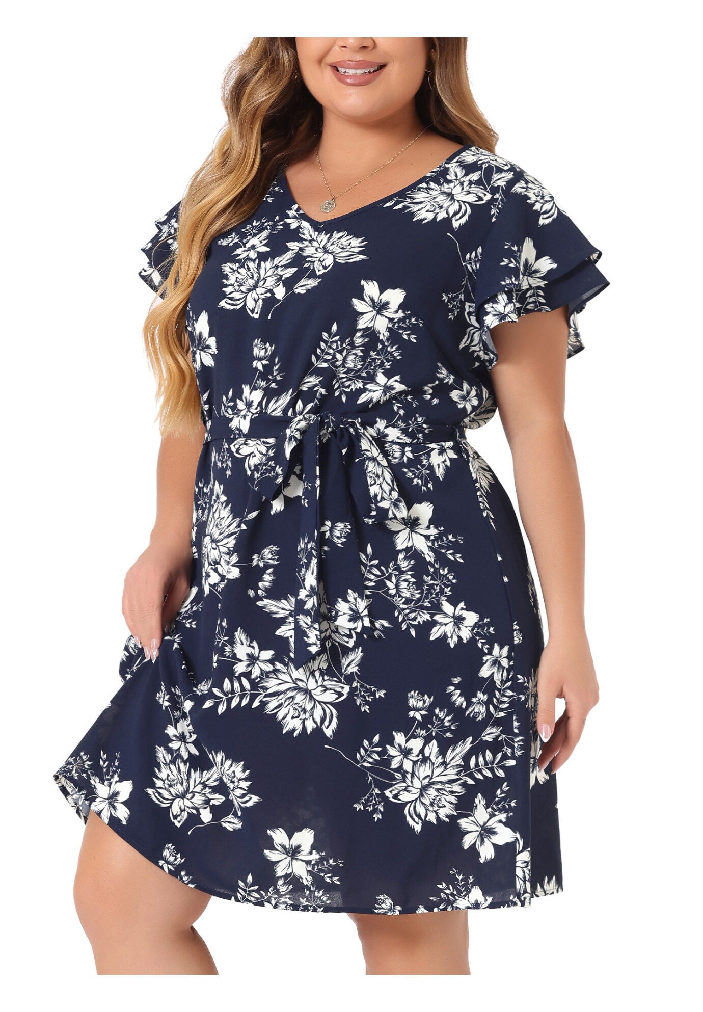 V Neck Tie Waist Layered Short Sleeve Floral Dress, Navy Blue / Navy, alternate image number 2