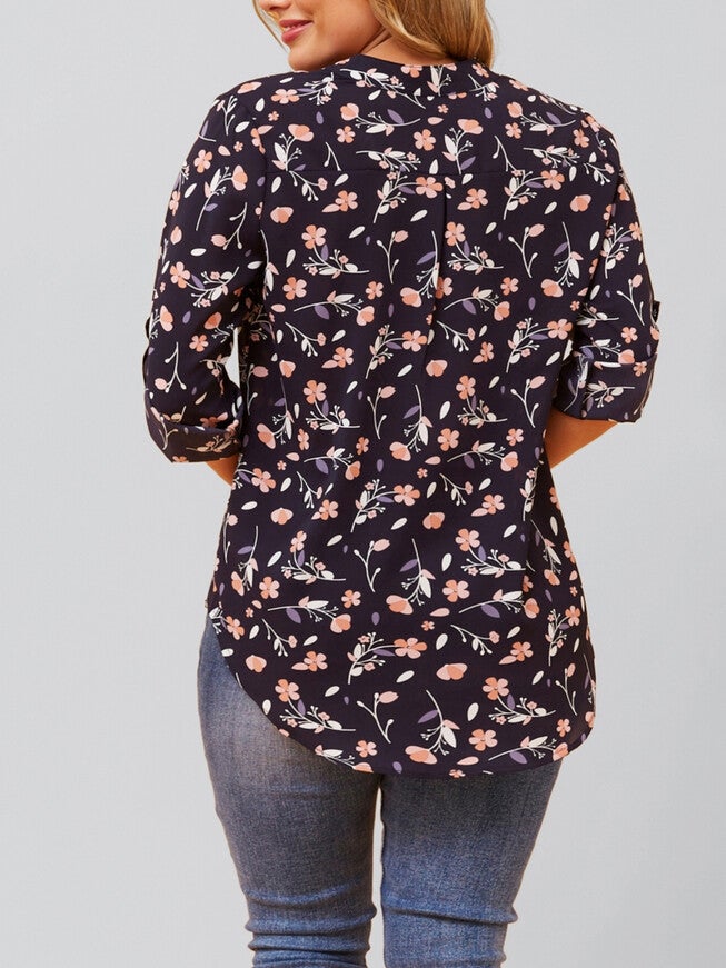 Sherine Blouse Floral Print V Neck Navy, Navy / Navy, alternate image number 1