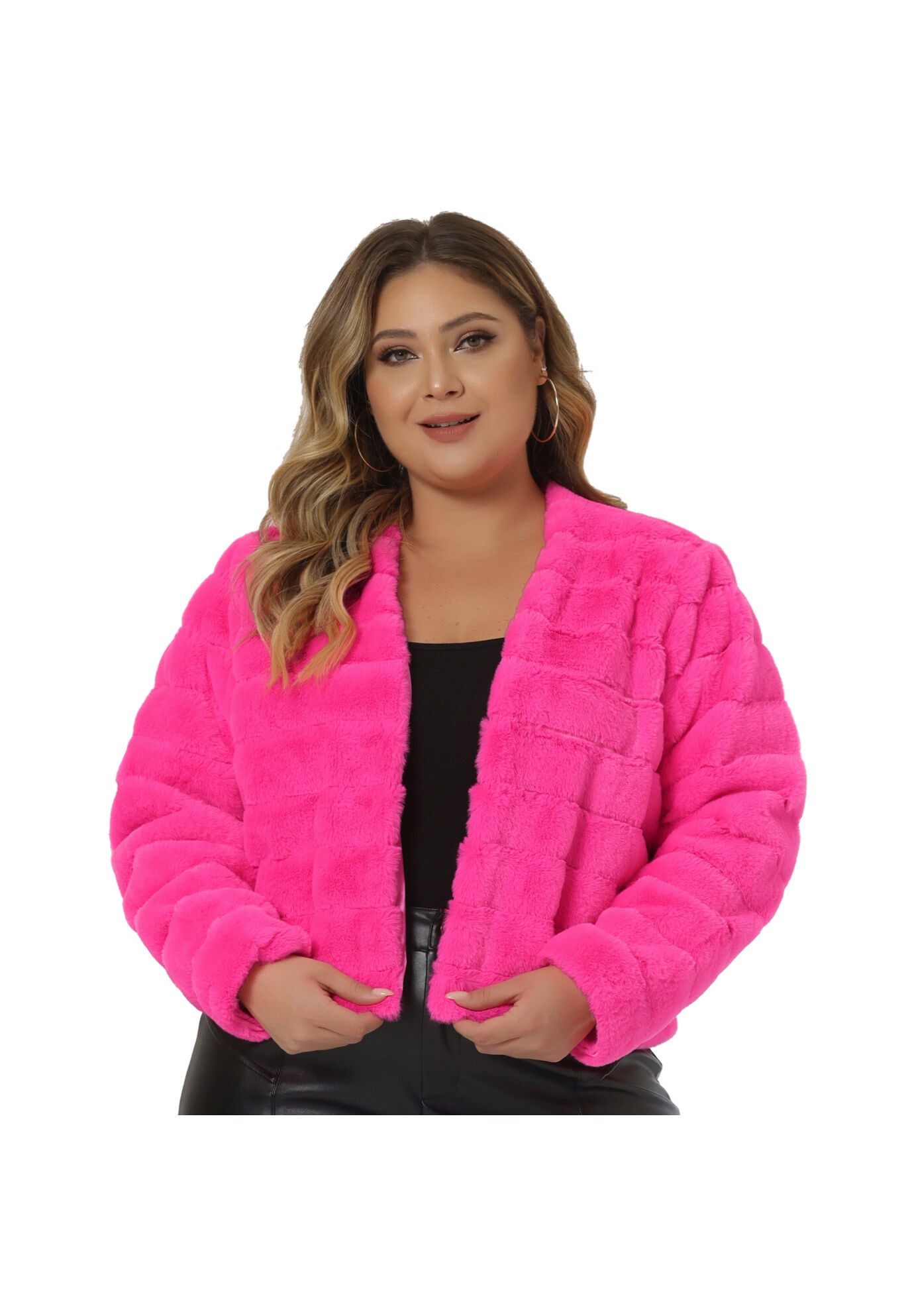 OPEN FRONT CROPPED FAUX FUR WINTER FLUFFY JACKET, Hot Pink / Pink, alternate image number 1