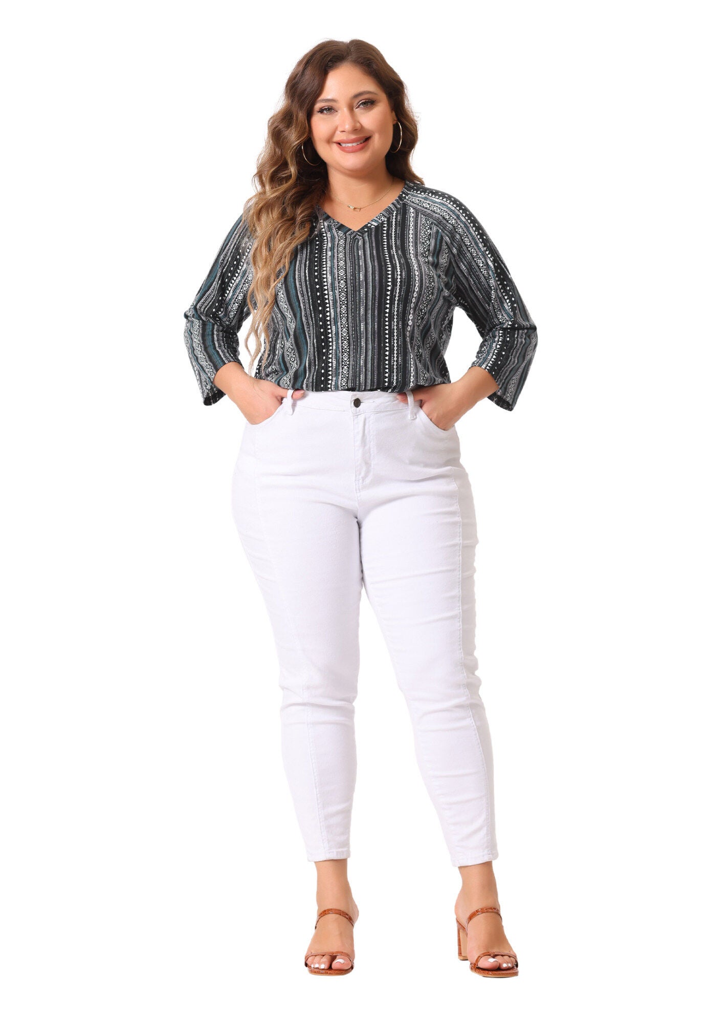 3/4 Sleeve Knit Blouse Tee Stripe Boho Top, Black / Black, hi-res image number 0