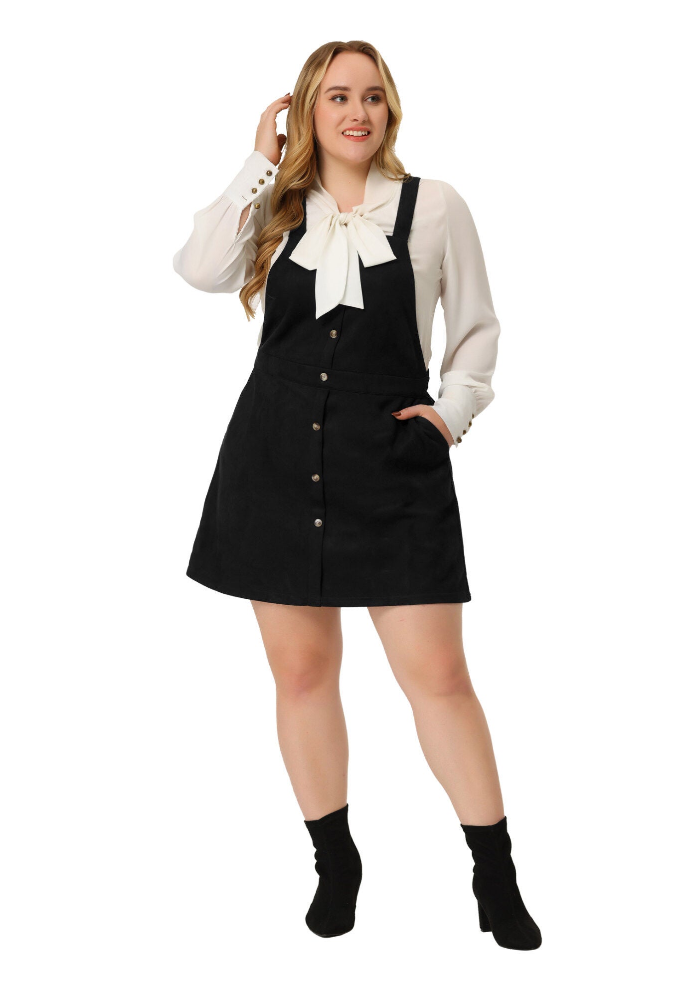 HIGH WAIST A-LINE SUEDE SUSPENDER SKIRT OVERALL DRESS, Black / Black, hi-res image number 0