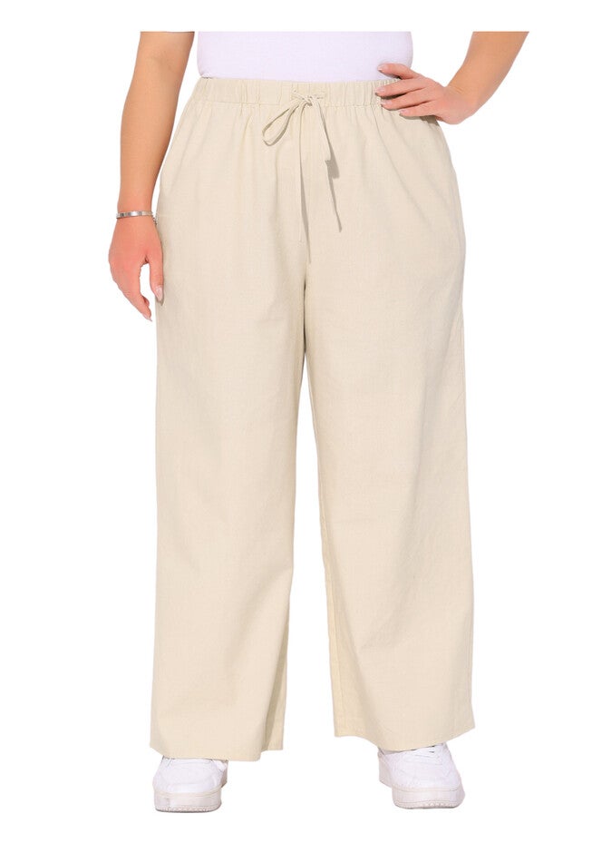 Cotton Linen Summer Palazzo Pants Drawstring Relaxed Fit Wide Leg Trousers with Pockets, Apricot / Cream, alternate image number 2