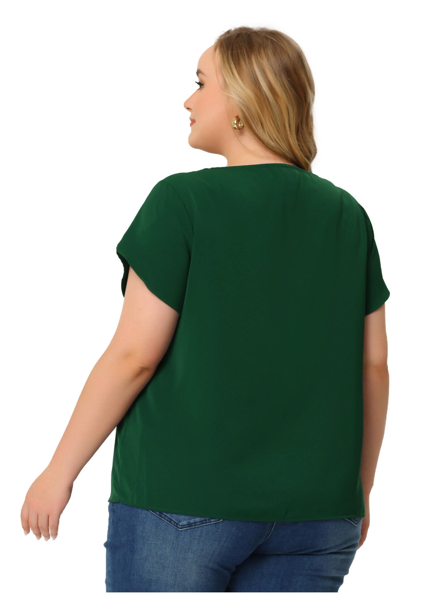 Round Neck Pleated Top Tulip Sleeves Blouse Top, Green / Quetzal Green, alternate image number 4