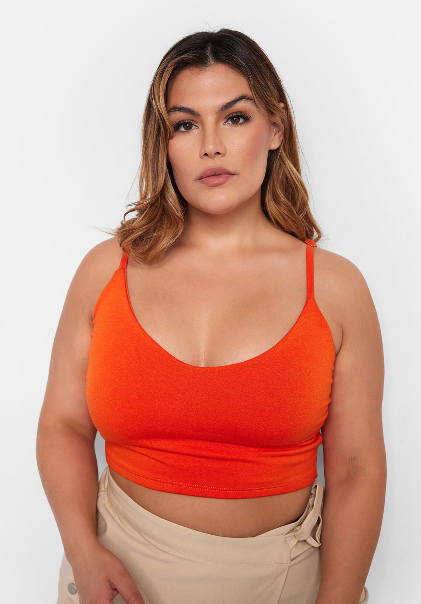 Essential V Neck Strappy Crop Top, Orange / Orange, alternate image number 2