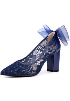 Pointed Toe Bow Bridal Block Heel Lace Pumps