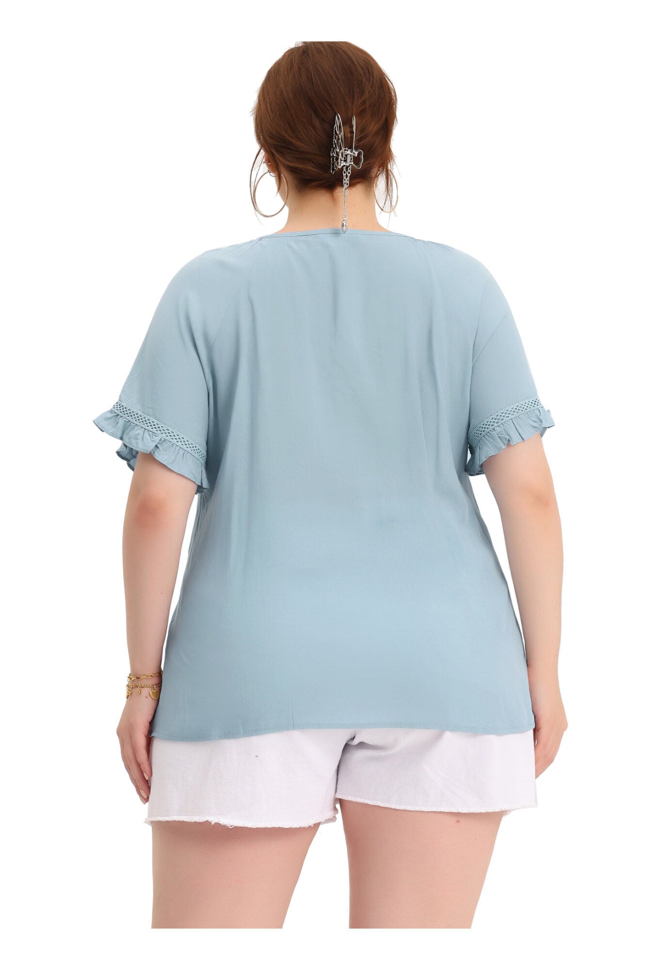 TIE NECK RUFFLE SHORT SLEEVE LACE CROCHET BLOUSE TOP, Blue / Navy, alternate image number 3