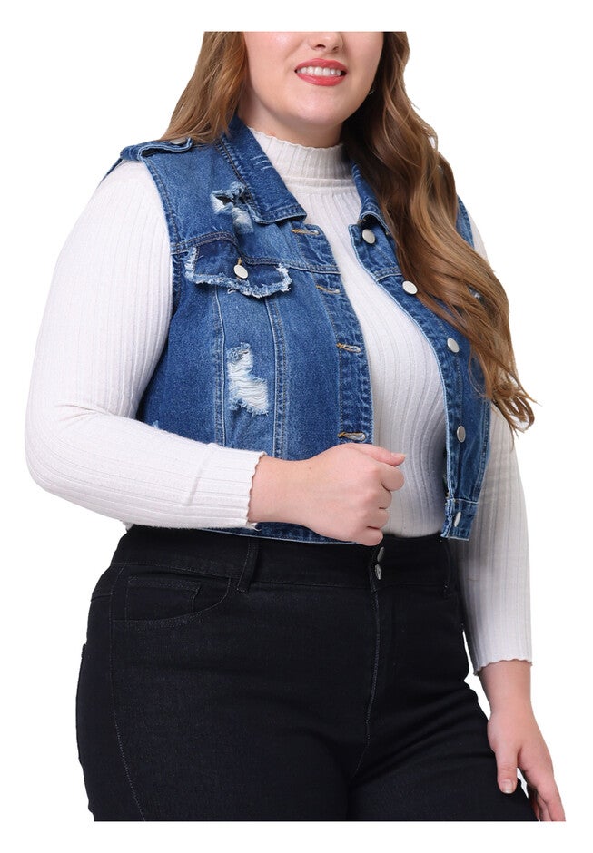 SLEEVELESS BUTTON JEAN CROP DENIM VEST, Blue / Chambray Denim Medium, alternate image number 4