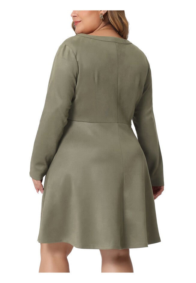 Faux Suede V Neck Long Sleeve A-Line Elegant Midi Dress, Green / Sage Green, alternate image number 3
