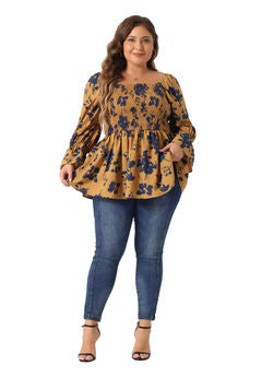 Floral Print Top Square Neck Long Sleeve Smocked Peplum Blouse
