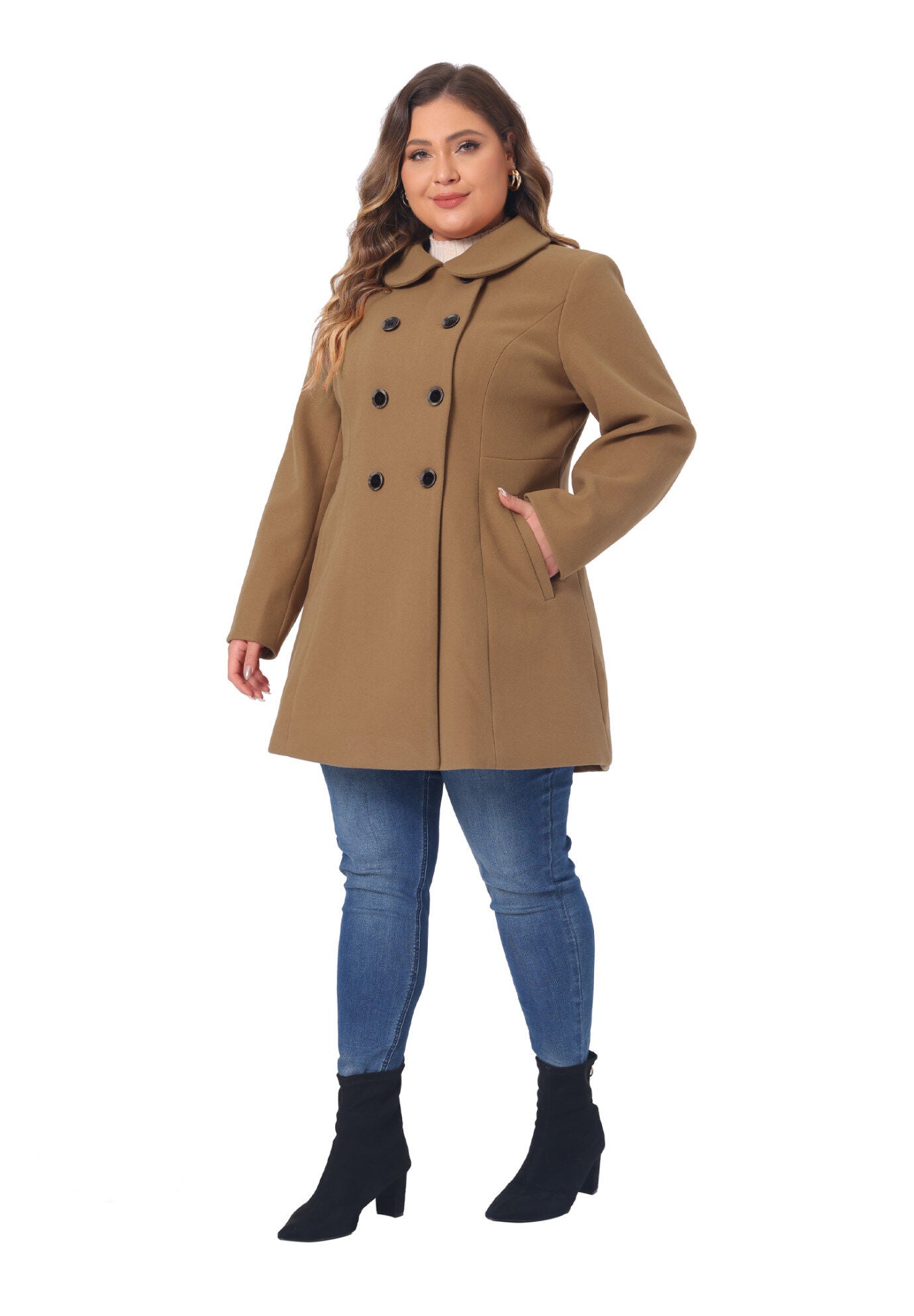 Peter Pan Collar Double Breasted Coat with Pockets, Camel / Brown, hi-res image number 0