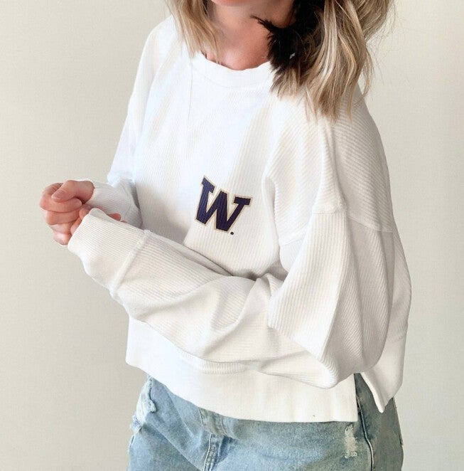 UW LOGO CORDED BOXY SWEATSHIRT IN WHITE, White / White, alternate image number null