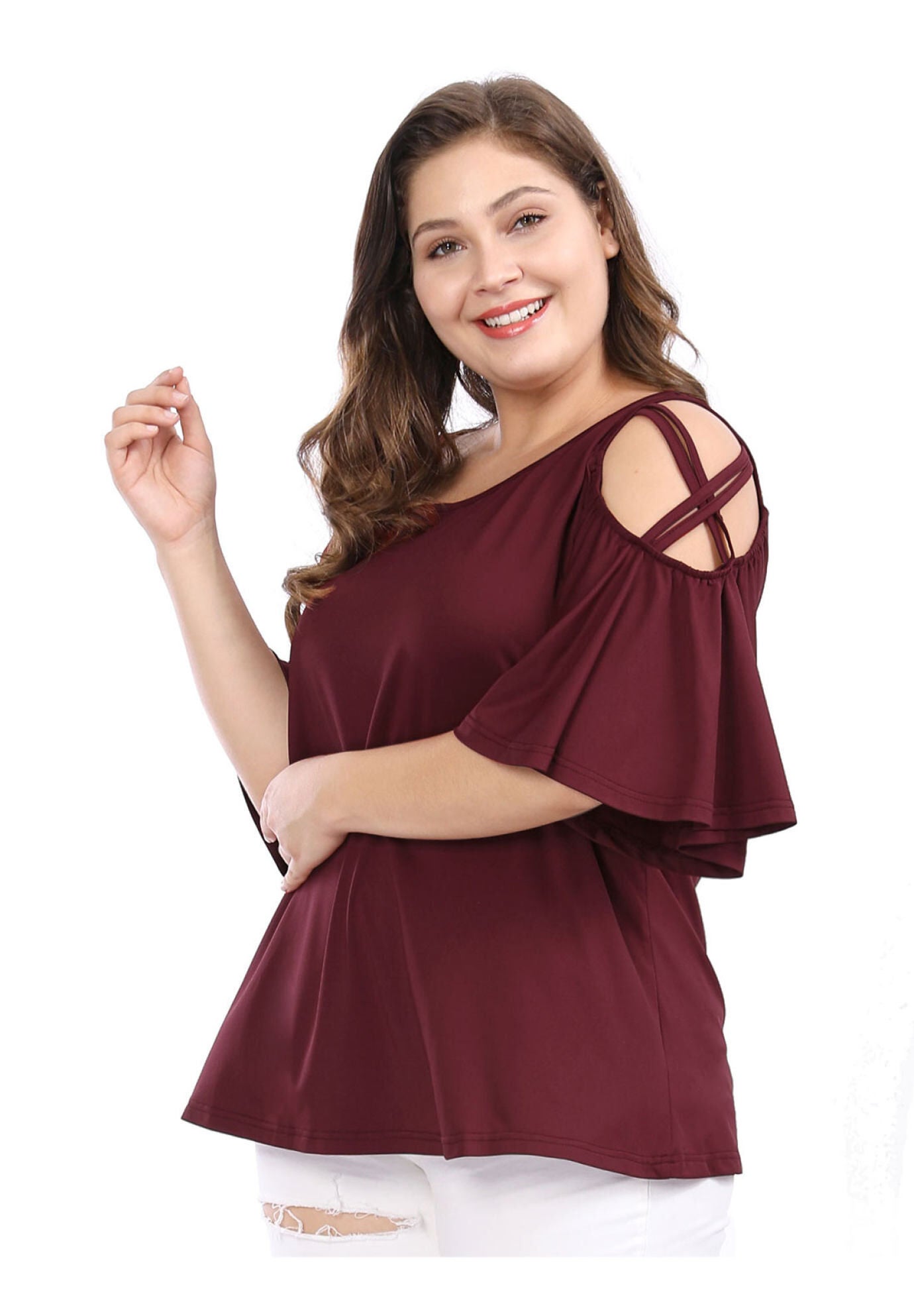 Cold Shoulder Bell Sleeve Summer Top, Red / Red, alternate image number 2