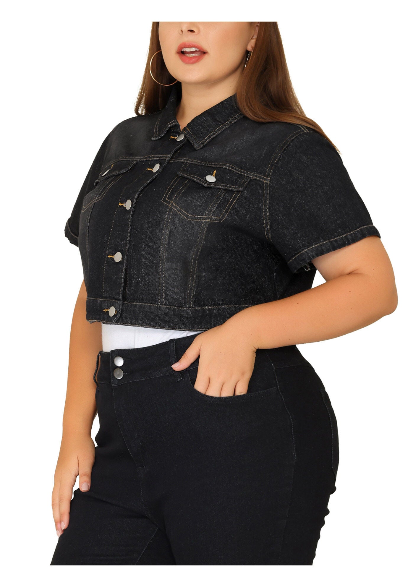 SHORT SLEEVE BUTTON DOWN CROPPED DENIM JACKET, , hi-res image number 0