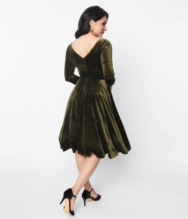 Unique Vintage Deep Olive Green Velvet Faux Bow Devon Swing Dress, Green / Olive Green, alternate image number 1