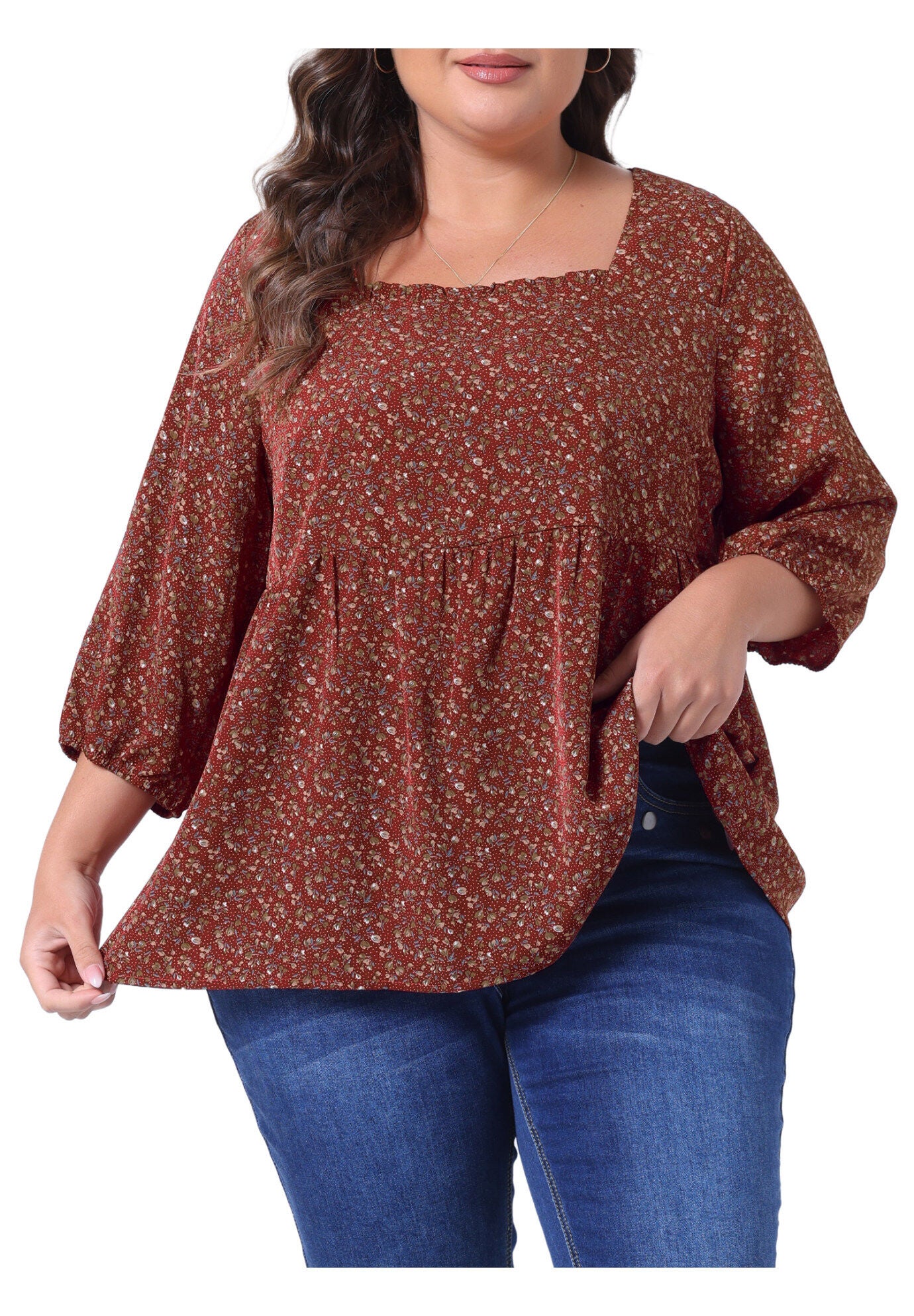 3/4 Sleeve Floral Peplum Babydoll Blouse, Burgundy / Burgundy, alternate image number 2