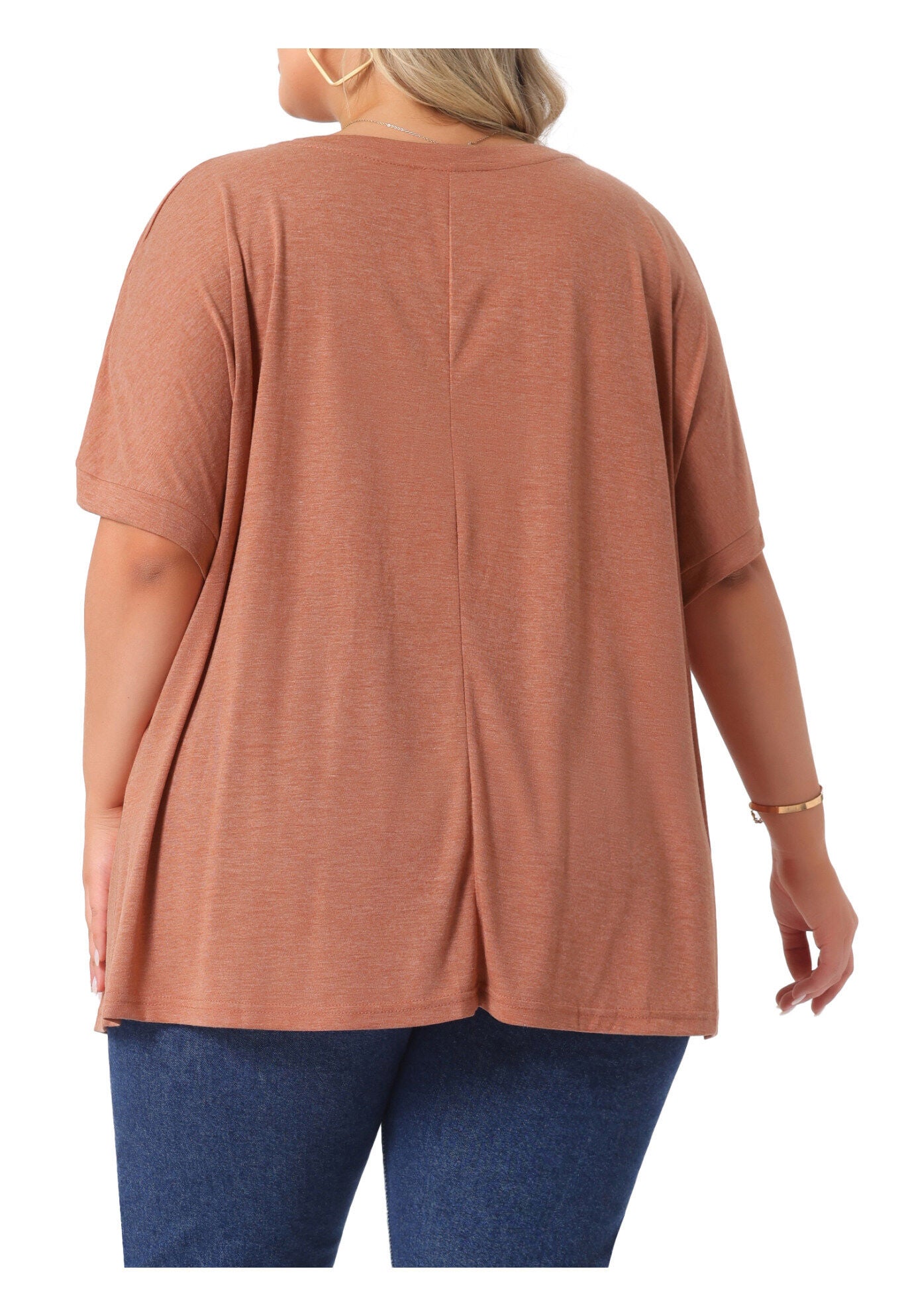 Short Sleeve Top Loose Fit Summer T-Shirt with Pocket, Brick Red / Terracotta, alternate image number 3