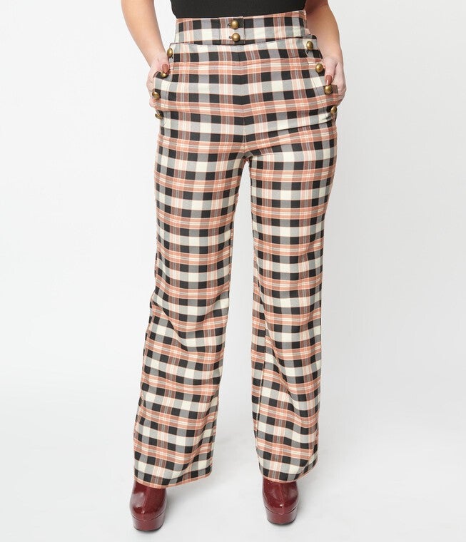 Unique Vintage Black & Tan Plaid Sailor Pants, Orange / Orange, hi-res image number 0