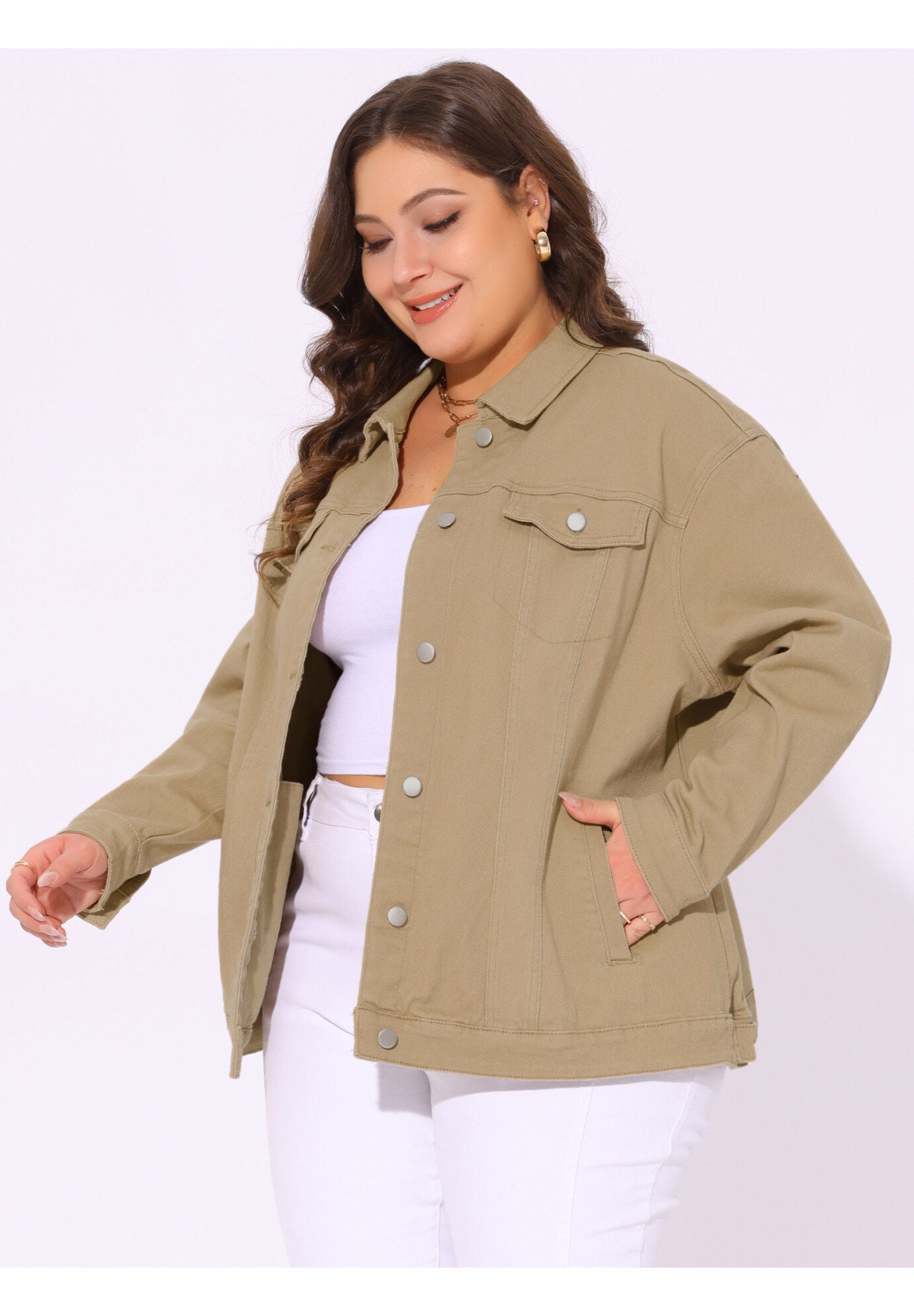 STITCHING BUTTON FRONT WASHED DENIM JACKET, Khaki / Brown, alternate image number 1