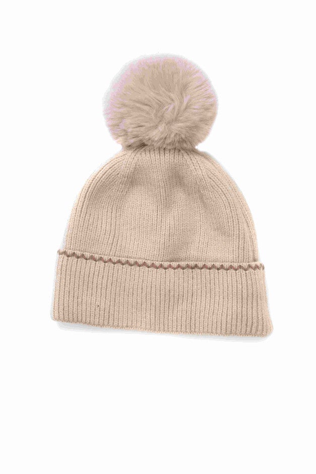 Warm Winter Hat Knitted Pompom Hat Ivory, IVORY / Ivory, hi-res image number 0